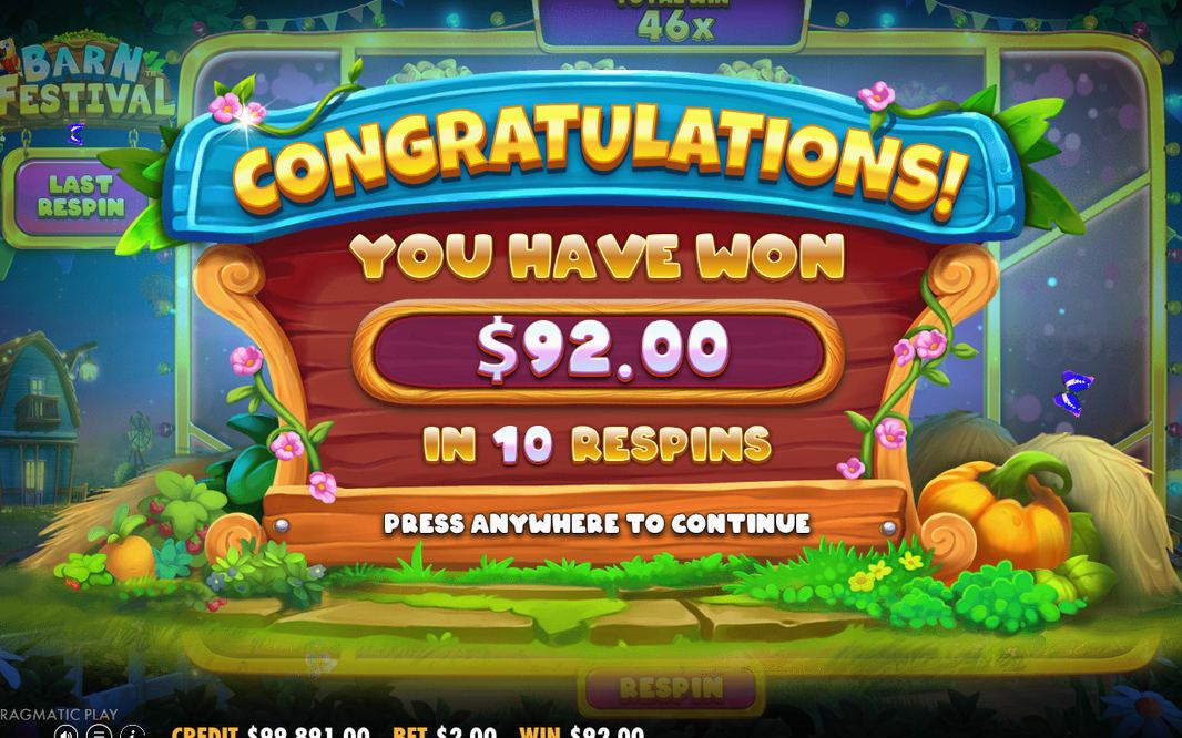 Win screen with the accumulated tumble payout